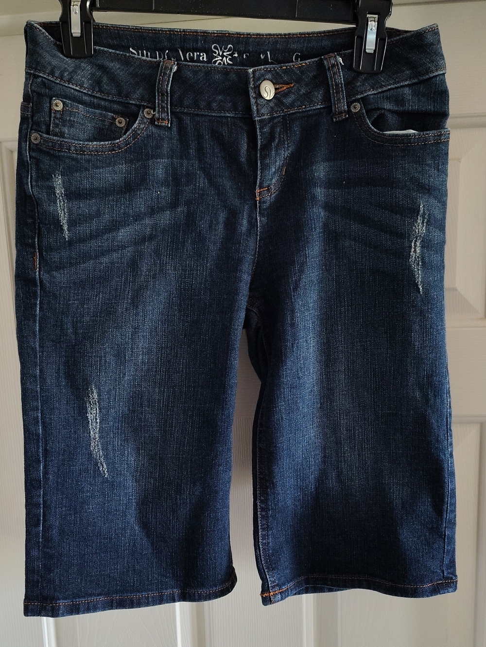 Vera Wang Dark Indigo Distressed Denim Bermuda Shorts